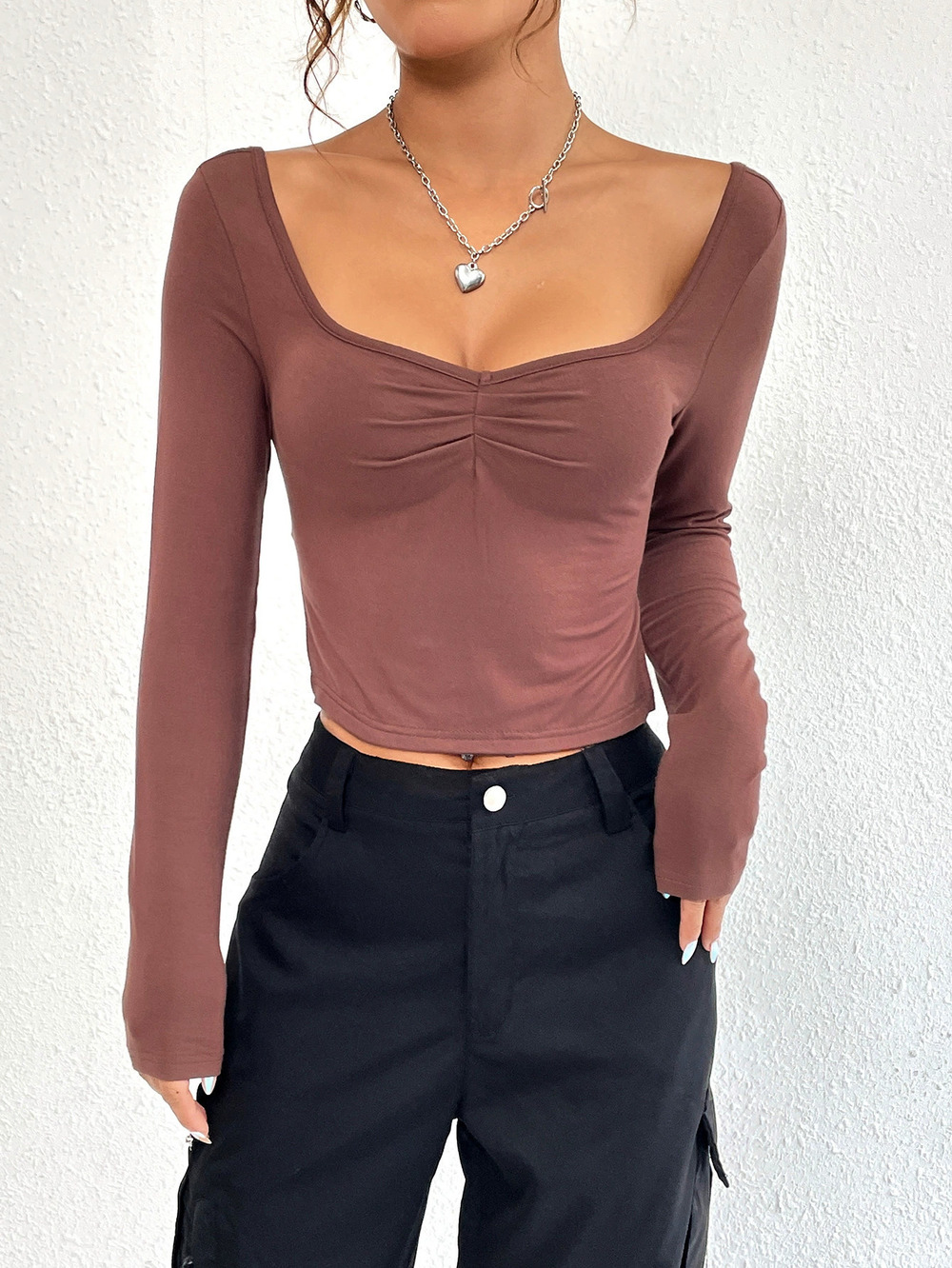 ZARA Trendy Fall Winter Slim Fit Side Slit Sexy V-Neck Long Sleeve Top
